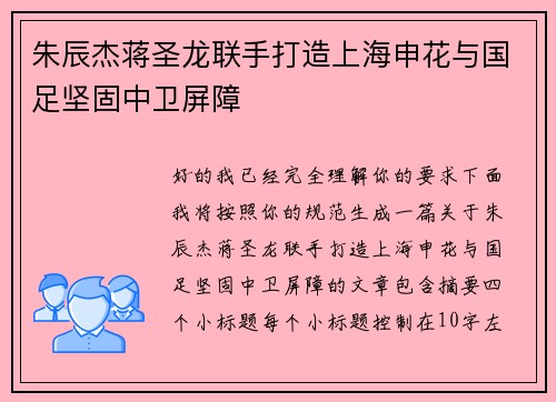 朱辰杰蒋圣龙联手打造上海申花与国足坚固中卫屏障 朱辰杰蒋圣龙联手打造上海申花与国足坚固中卫屏障